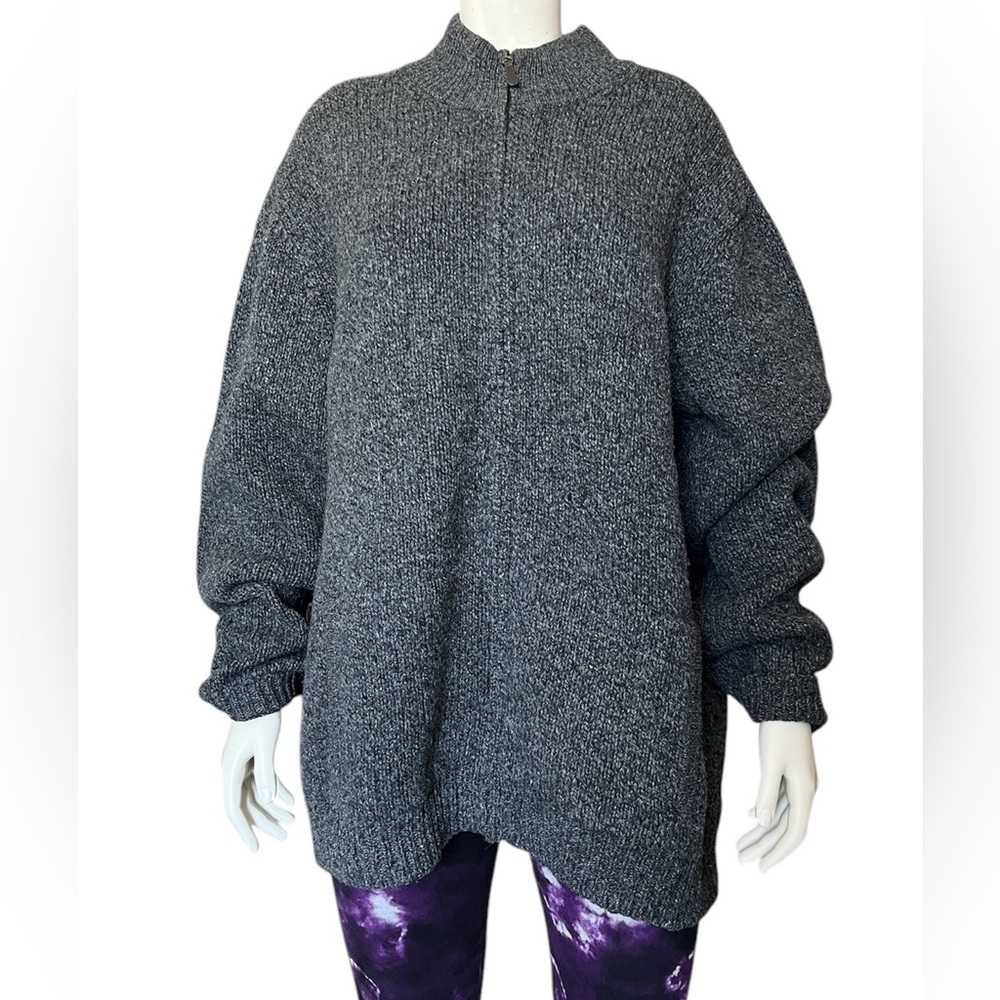 LL Bean Gray Cardigan Sweater Mens XXL -Reg Full Zip Pockets 100%  Wool Grandpa